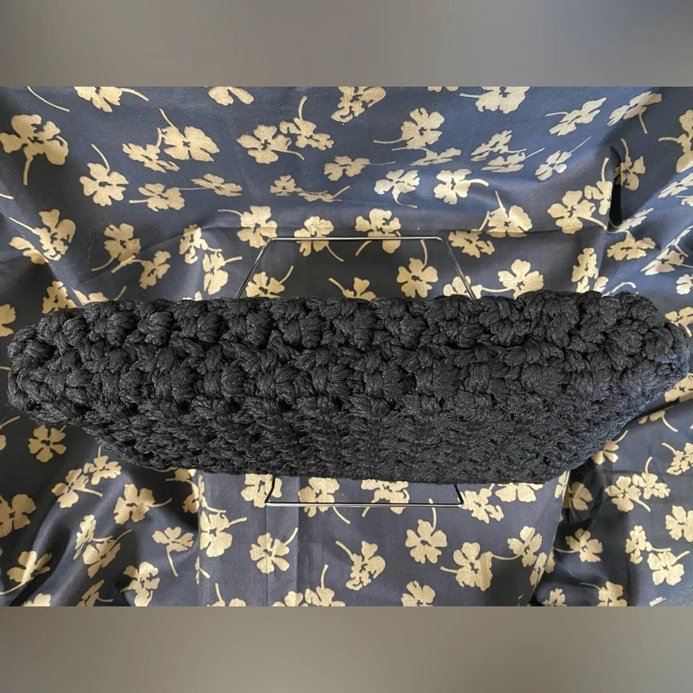 Vintage Black Crochet Clutch Purse Handbag Bobble Popcorn Stitch